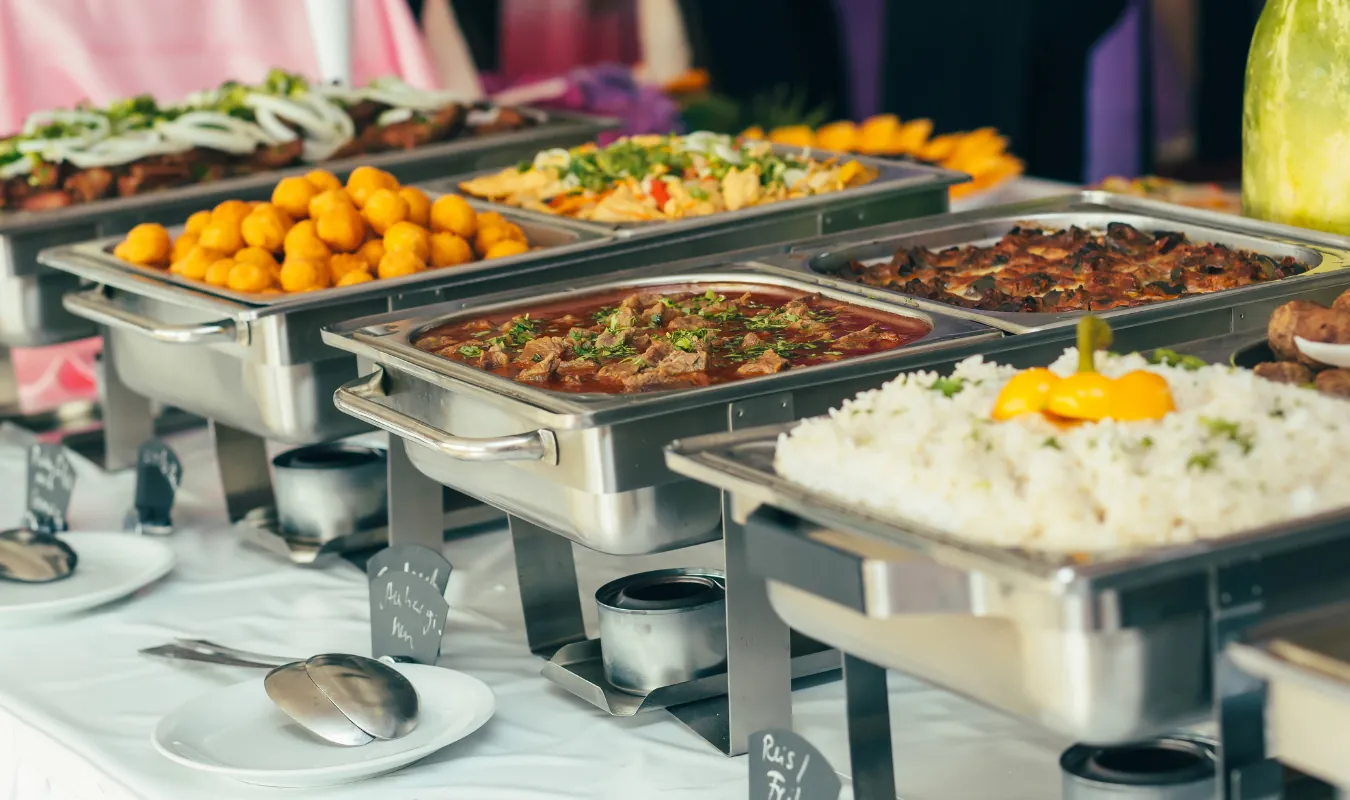 A hot buffet set up on site for a corporate offsite